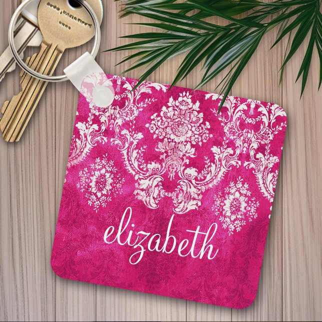 Hot Pink Grunge Damask Pattern Custom Text Keychain (Personalized keychain - Add Name or Monogram)