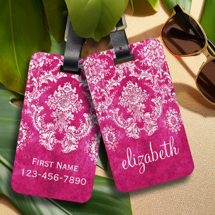 Hot Pink Grunge Damask Pattern Custom Text Luggage Tag