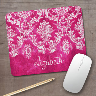 Hot Pink Grunge Damask Pattern Custom Text Mouse Pad
