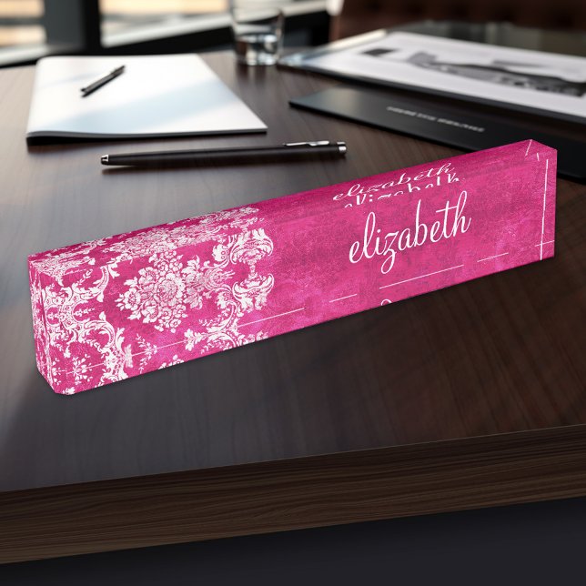 Hot Pink Grunge Damask Pattern Custom Text Name Plate (Personalized Name Plate for the Office, School or Home)