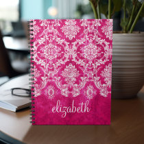 Hot Pink Grunge Damask Pattern Custom Text Notebook