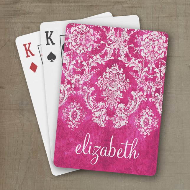 Hot Pink Grunge Damask Pattern Custom Text Poker Cards (Personalized playing cards with custom text)