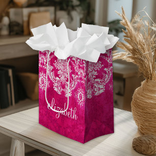 Hot Pink Grunge Damask Pattern Custom Text Small Gift Bag