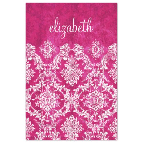 Hot Pink Grunge Damask Pattern Custom Text Tissue Paper