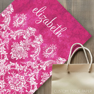 Hot Pink Grunge Damask Pattern Custom Text Tissue Paper