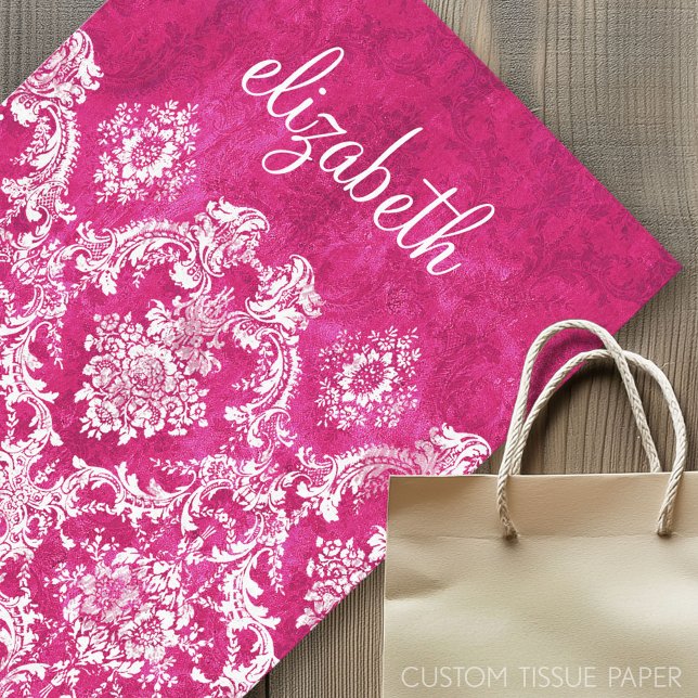 Hot Pink Grunge Damask Pattern Custom Text Tissue Paper (Custom Tissue Paper)