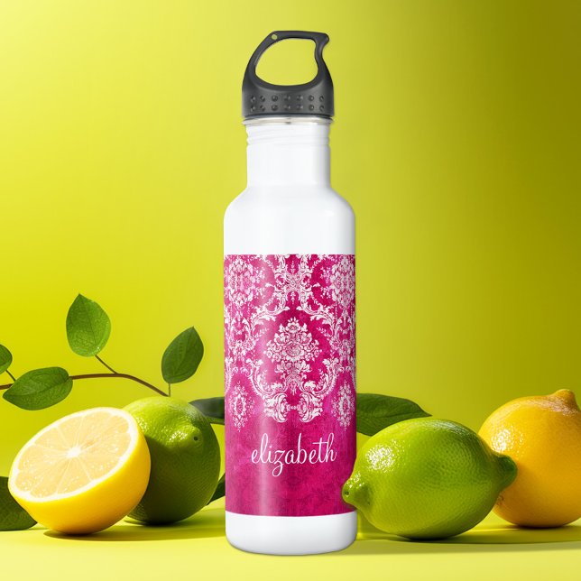 Hot Pink Grunge Damask Pattern Custom Text Water Bottle (Personalized water bottle)