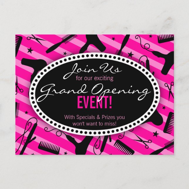 Hot Pink Hair Salon Grand Opening Invitation Postcard (Front)