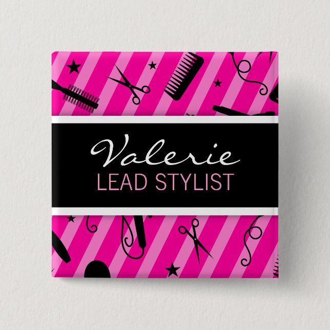 Hot Pink Hair Salon Name Badge Button (Front)