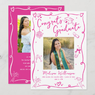 Hot Pink Hand Drawn Art Graduation 5 Photo White Announcement