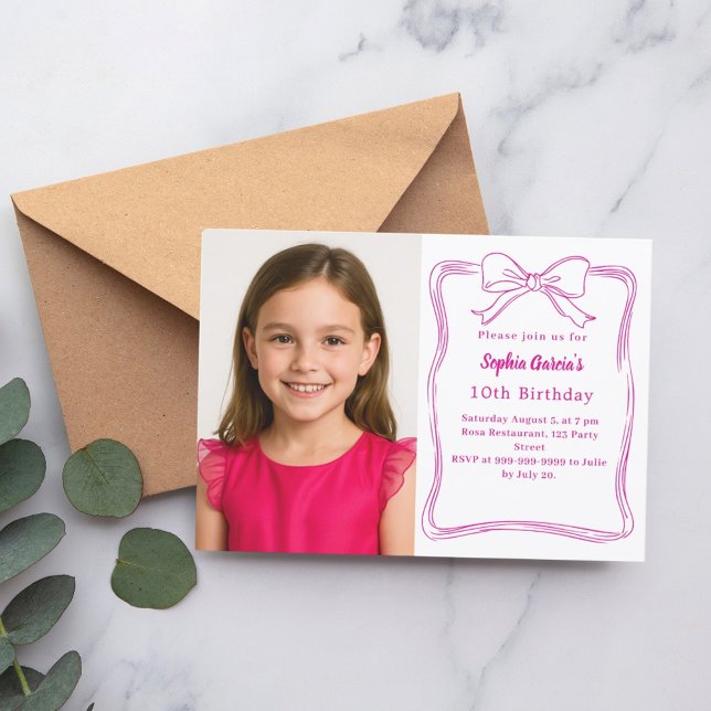 Hot pink hand-drawn bow photo birthday invitation (Creator Uploaded)