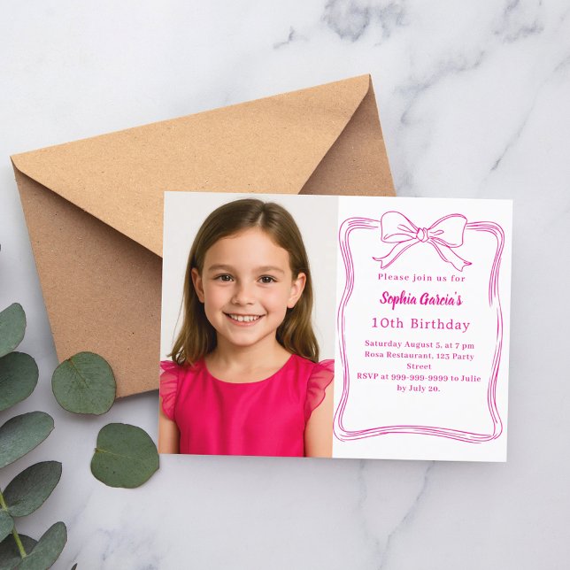 Hot pink hand-drawn bow photo birthday invitation postcard (Creator Uploaded)