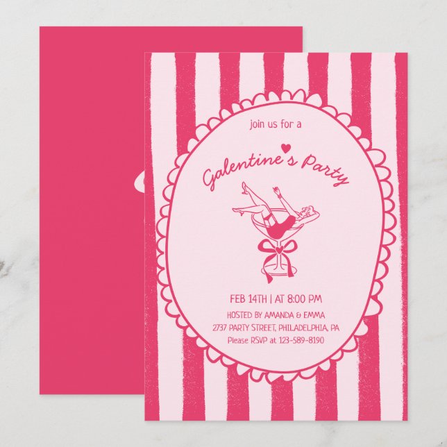 Hot Pink Hand Drawn Galentine's Day Party Invitation (Front/Back)
