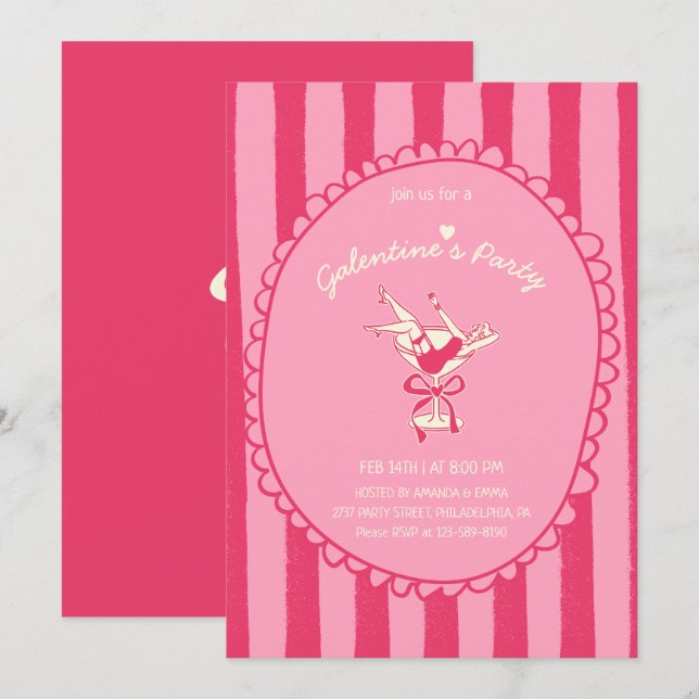 Hot Pink Hand Drawn Galentine's Day Party Invitation (Front/Back)