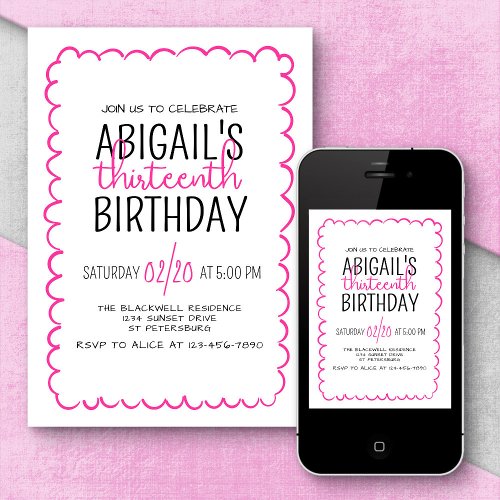 Hot Pink Hand Drawn Girls Birthday Invitation