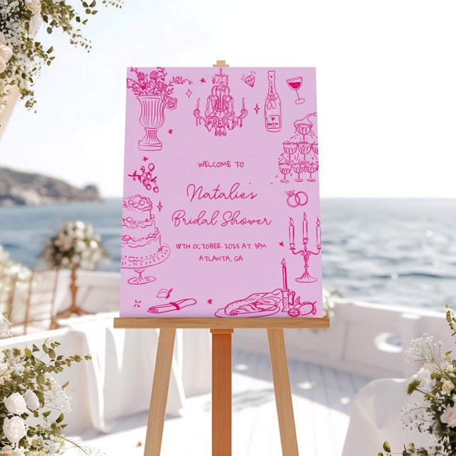 Hot Pink Hand Drawn Whimsical Bridal Shower Faux Canvas Print (Creator Uploaded)