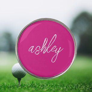 Hot Pink Handwritten Script Monogrammed Golf Ball Marker