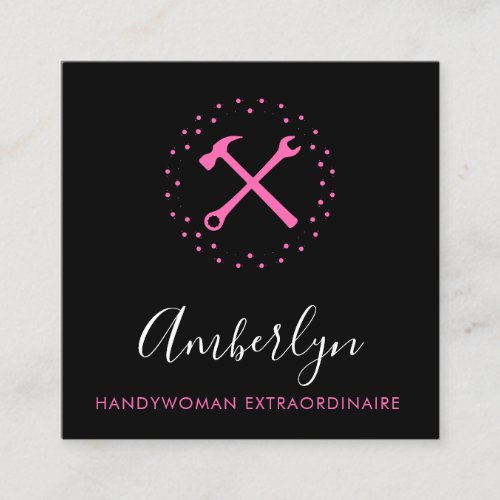 Hot Pink Handywoman Custom Logo QR Code Black Square Business Card