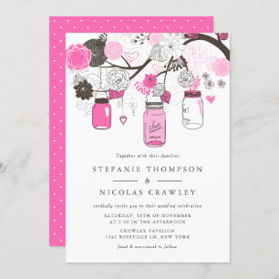 Hot Pink Hanging Mason Jars Wedding Invitation