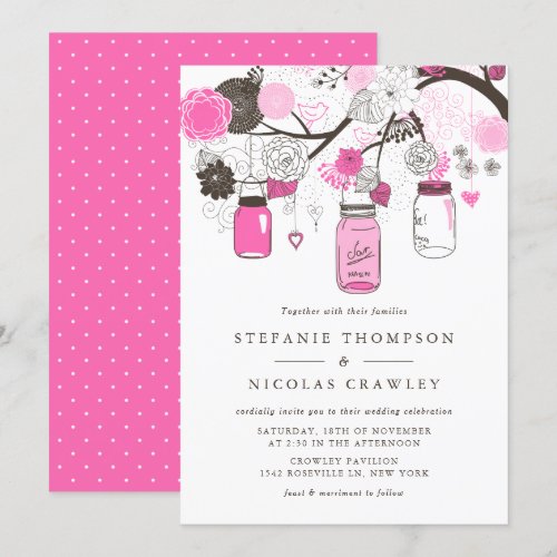 Hot Pink Mason Jars &amp; Flowers Wedding Invitation