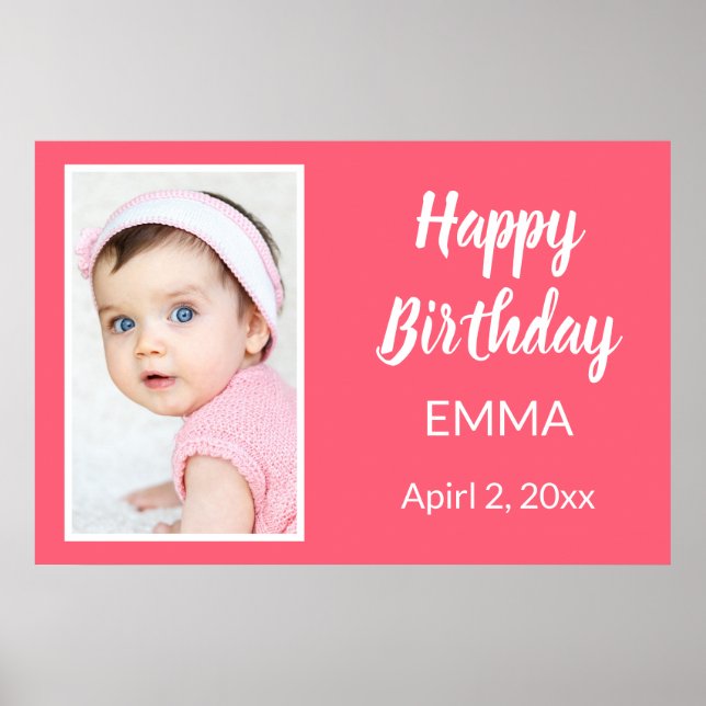 Hot Pink Happy Birthday Party Photo Name Date Poster (Front)