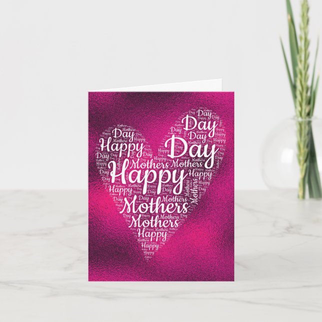 Hot Pink Happy Mother's Day Heart Word Art  Card (Front)