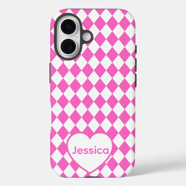 Hot Pink Harlequin Pattern Personalized Name Case-Mate iPhone Case (Back)