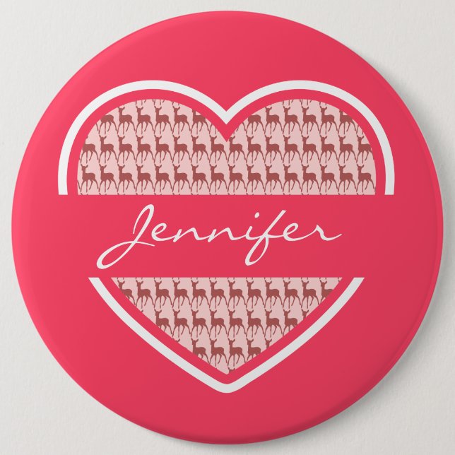 Hot Pink Heart Deer Pattern Personalized Name Button (Front)