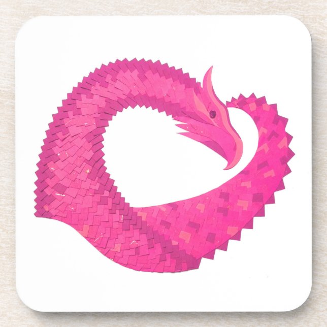 Hot pink heart dragon on white drink coaster (Front)