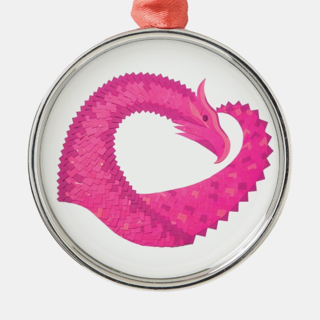 Hot pink heart dragon on white metal ornament (Front)