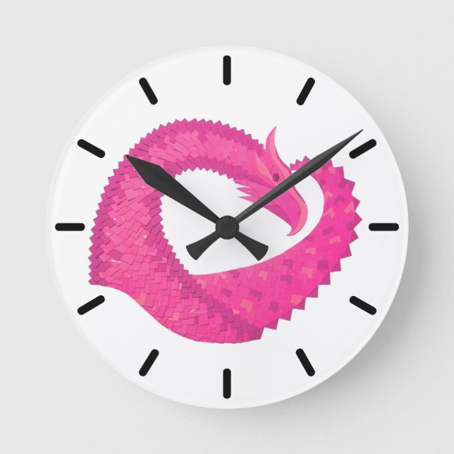 Hot pink heart dragon on white round clock (Front)