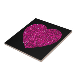 Hot pink heart faux glitter sparkles on black ceramic tile