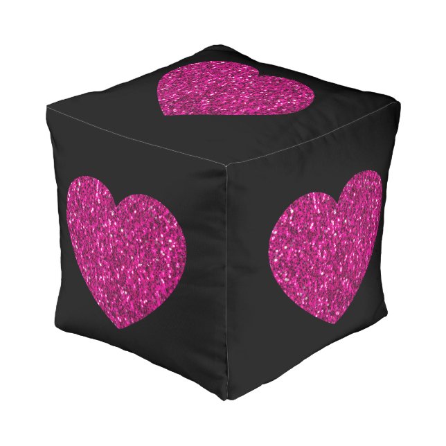 Hot pink heart faux glitter sparkles on black pouf (Angled Front)