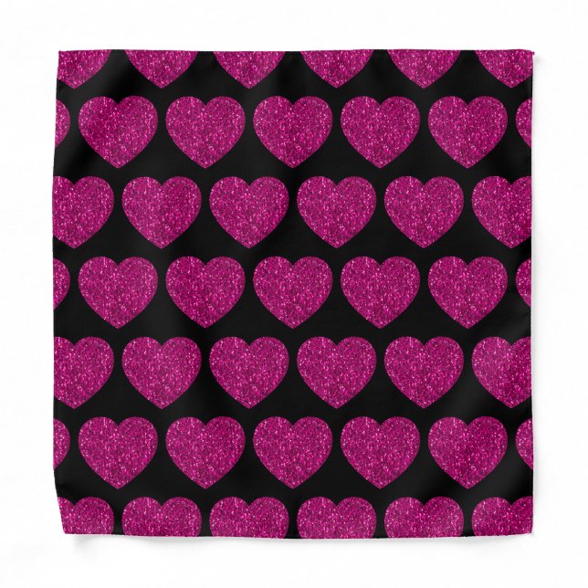 Hot pink heart faux glitter sparkles pattern black bandana (Front)