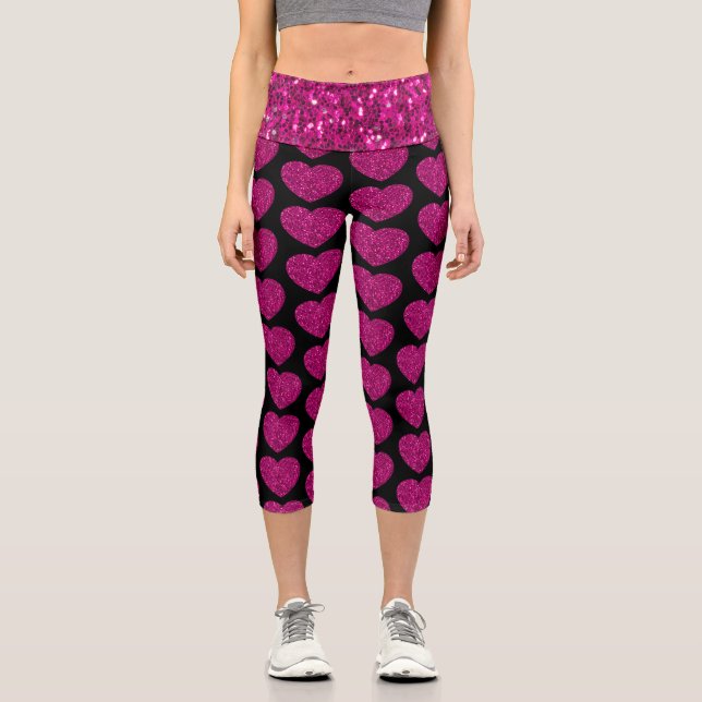 Hot pink heart faux glitter sparkles pattern black capri leggings (Front)