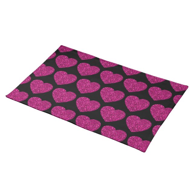 Hot pink heart faux glitter sparkles pattern black cloth placemat (On Table)