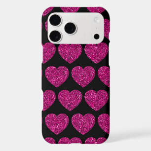 Hot pink heart faux glitter sparkles pattern black iPhone 17 pro max case