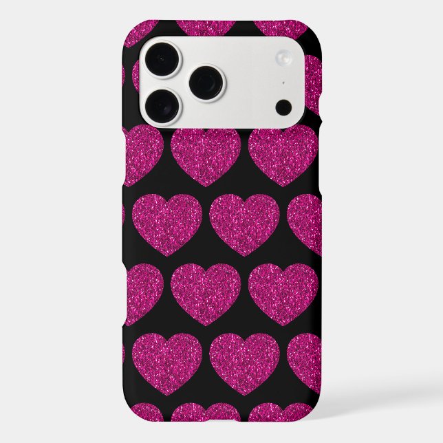 Hot pink heart faux glitter sparkles pattern black iPhone case (Back)