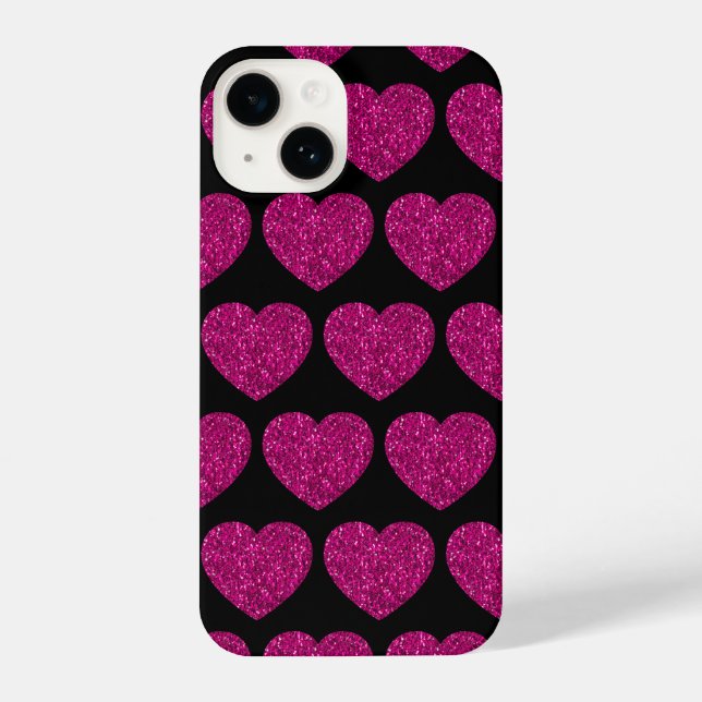 Hot pink heart faux glitter sparkles pattern black iPhone case (Back)