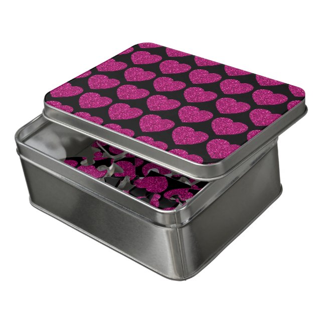Hot pink heart faux glitter sparkles pattern black jigsaw puzzle (Lid Open)
