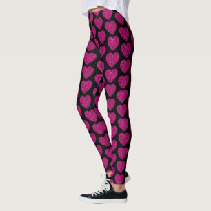 Hot pink heart faux glitter sparkles pattern black leggings