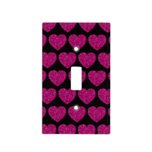 Hot pink heart faux glitter sparkles pattern black light switch cover