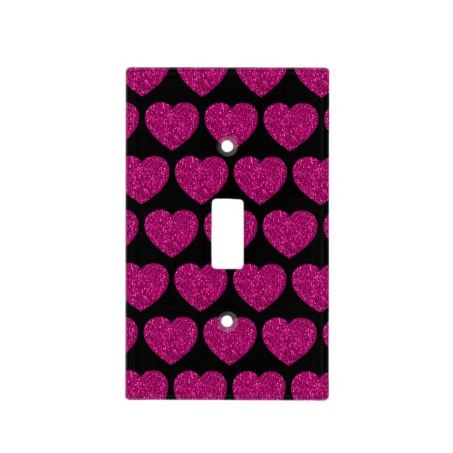 Hot pink heart faux glitter sparkles pattern black light switch cover (Front)