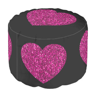 Hot pink heart faux glitter sparkles pattern black pouf