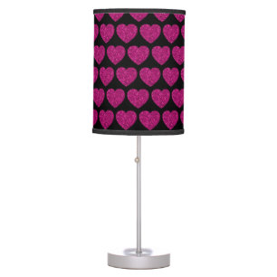 Hot pink heart faux glitter sparkles pattern black table lamp