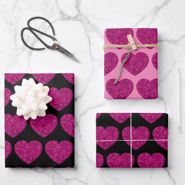 Hot pink heart faux glitter sparkles pattern black wrapping paper sheets (Front)