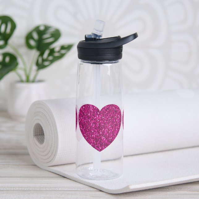 Hot pink heart faux glitter sparkles water bottle (Yoga)