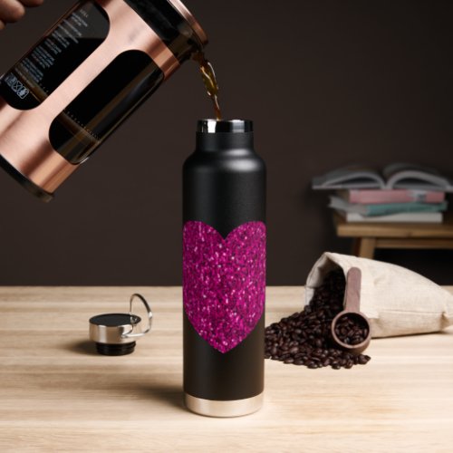 Hot pink heart faux glitter sparkles water bottle