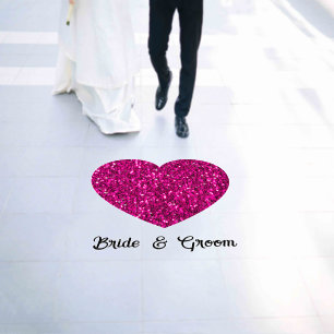 Hot pink heart faux sparkles Bride groom names Floor Decals