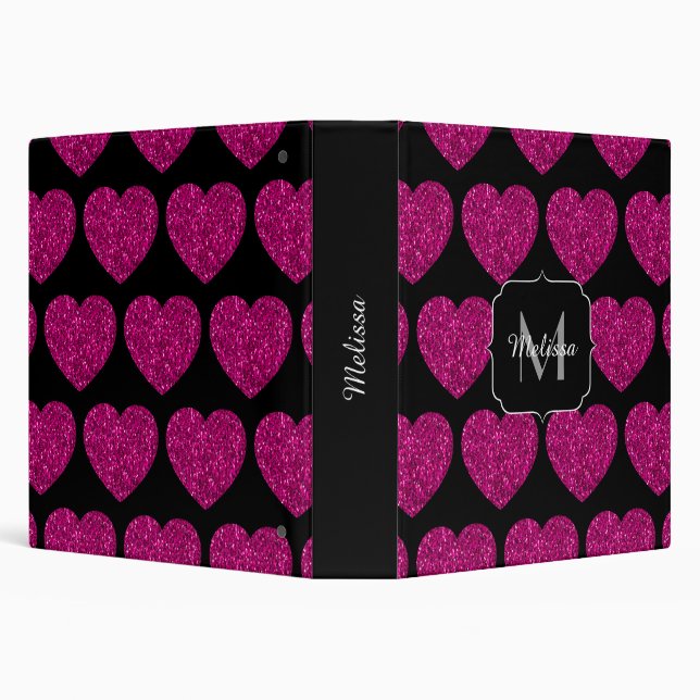 Hot pink heart faux sparkles pattern Monogram 3 Ring Binder (Background)